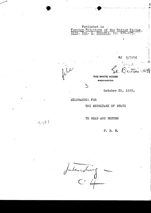 [a304yy01.jpg] - Cover letter for memo to Sec. of State from FDR 10/25/39
