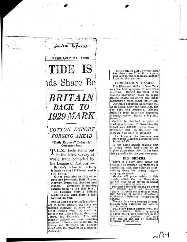 [a306b06.jpg] - Newspaper Article - Britain Back to 1929 Market - Feb 21st 1935