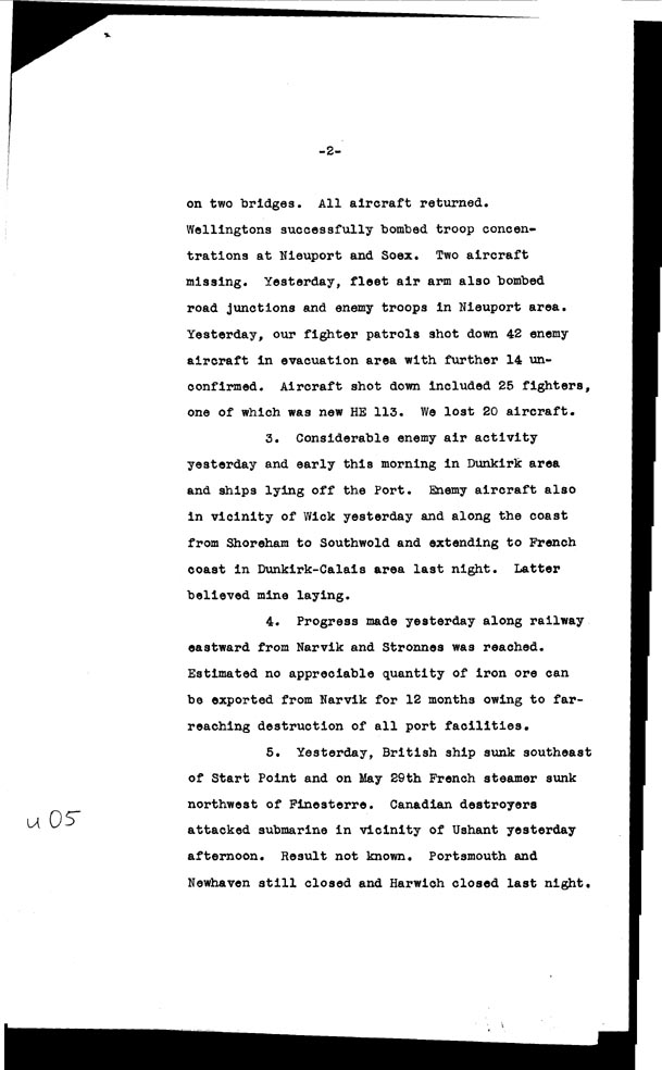 [a306u05.jpg] - Telegram despatched from London on the evening of June 1st 1940 - Page 2