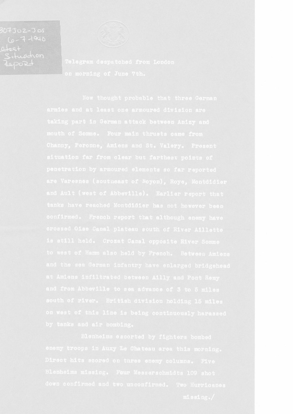 [a307j02.jpg] - Telegram on Military situation 6/7/1940