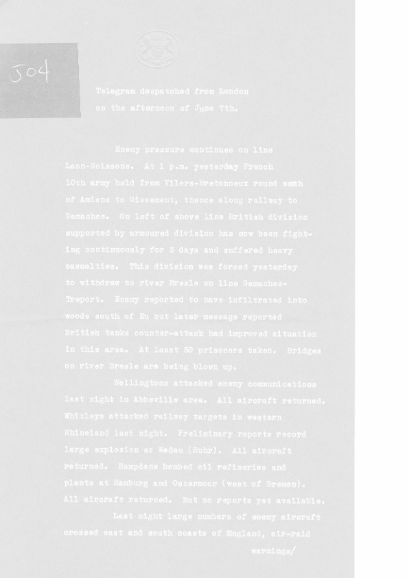 [a307j04.jpg] - Telegram on Military situation (afternoon) 6/7/1940 - Page 1