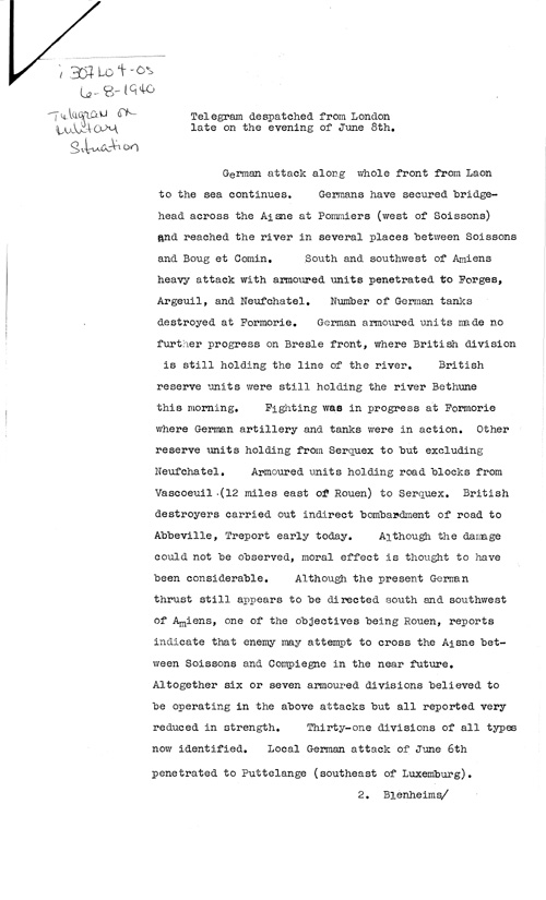 [a307l04.jpg] - Telegram on military situation 6/8/1940