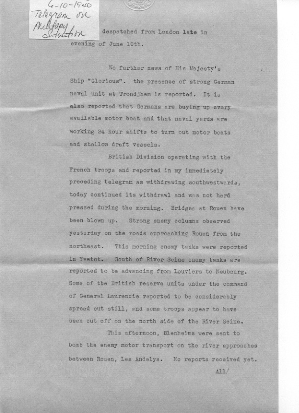 [a307o02.jpg] - Telegram on military situation 6/10/1940