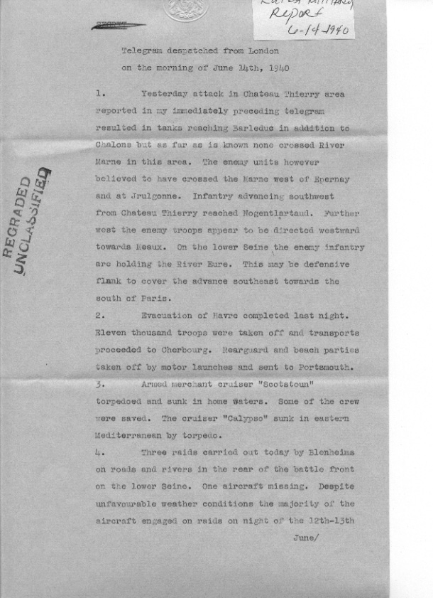 [a307u02.jpg] - Telegram on military situation 6/14/1940
