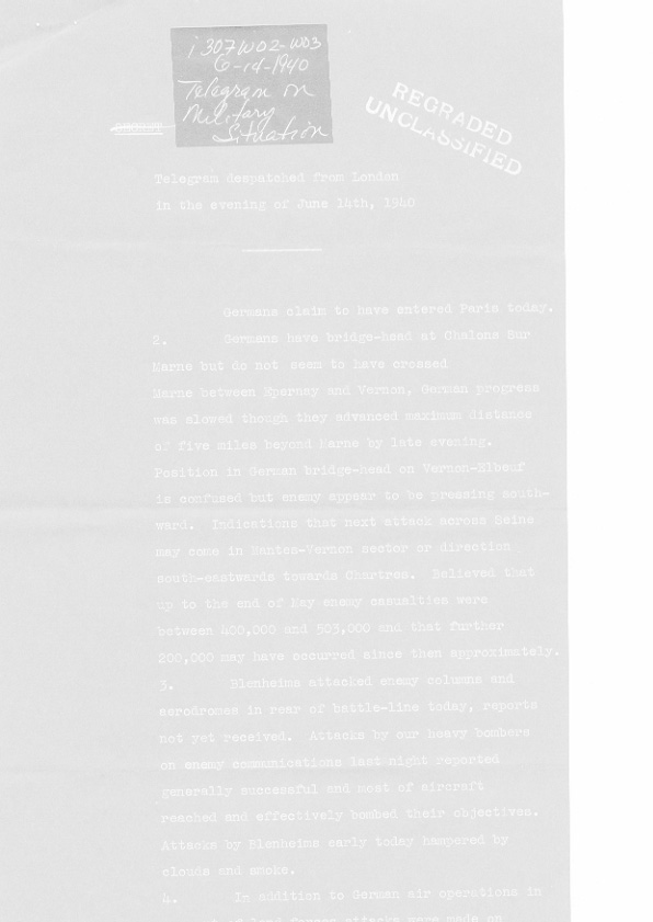 [a307w02.jpg] - Telegram on military situation 6/14/1940