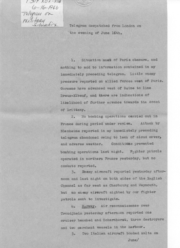 [a307x07.jpg] - Telegram on military situation 6/16/1940