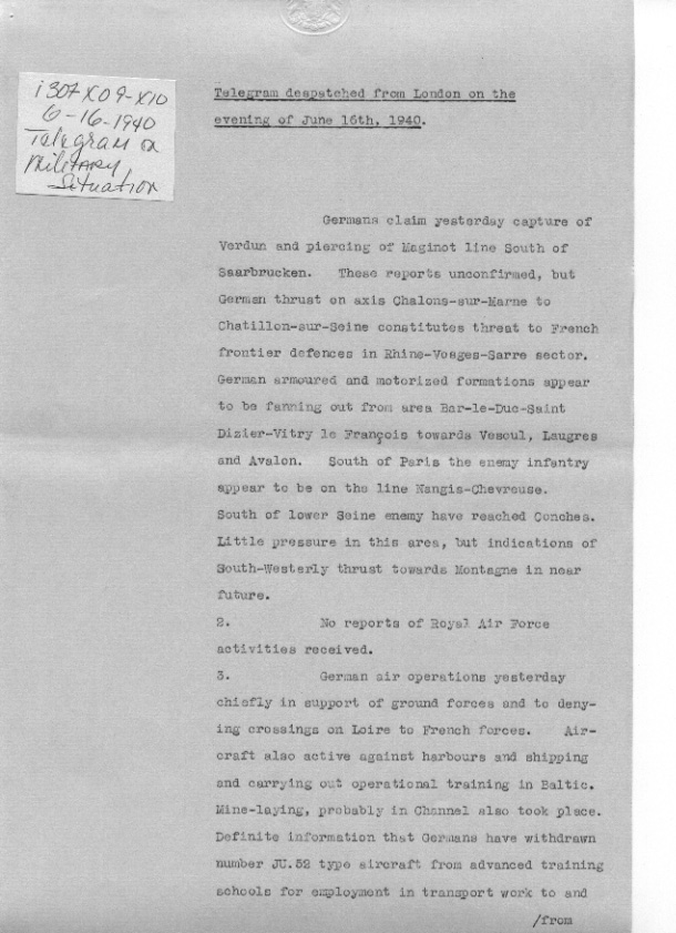 [a307x09.jpg] - Telegram on military situation 6/16/1940