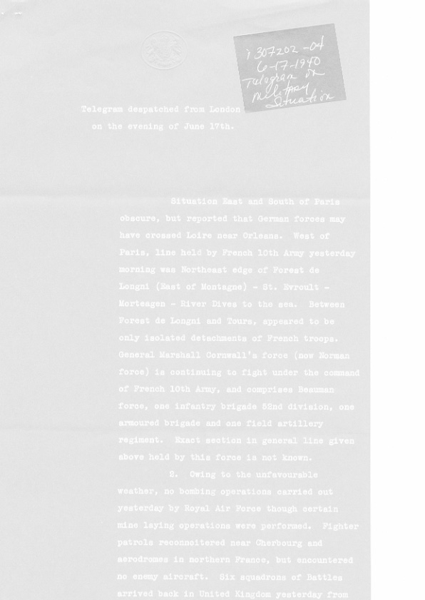 [a307z02.jpg] - Telegram on military situation 6/17/1940