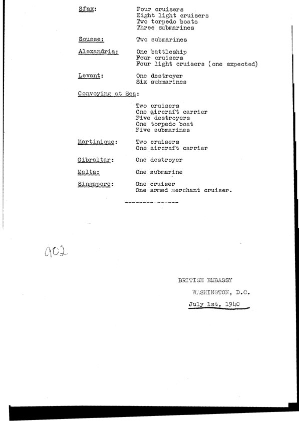 [a308a02.jpg] - Last known disposition of important units of the French Fleet as of 6/28/40  7/1/40.