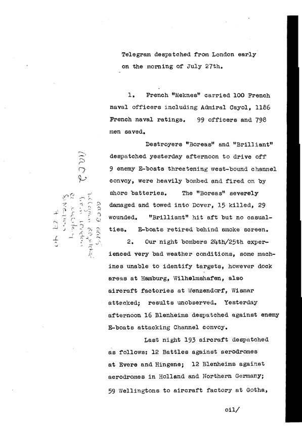 [a308aa02.jpg] - Telegram dispatched from London re. military situation  7/27/40