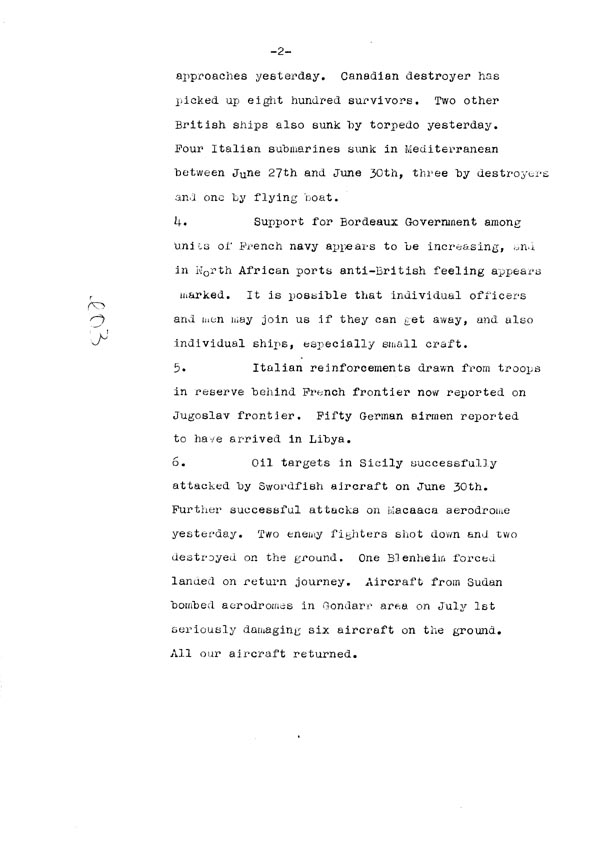 [a308e03.jpg] - Cont-Telegram dispatched from London re. military situation 7/3/40