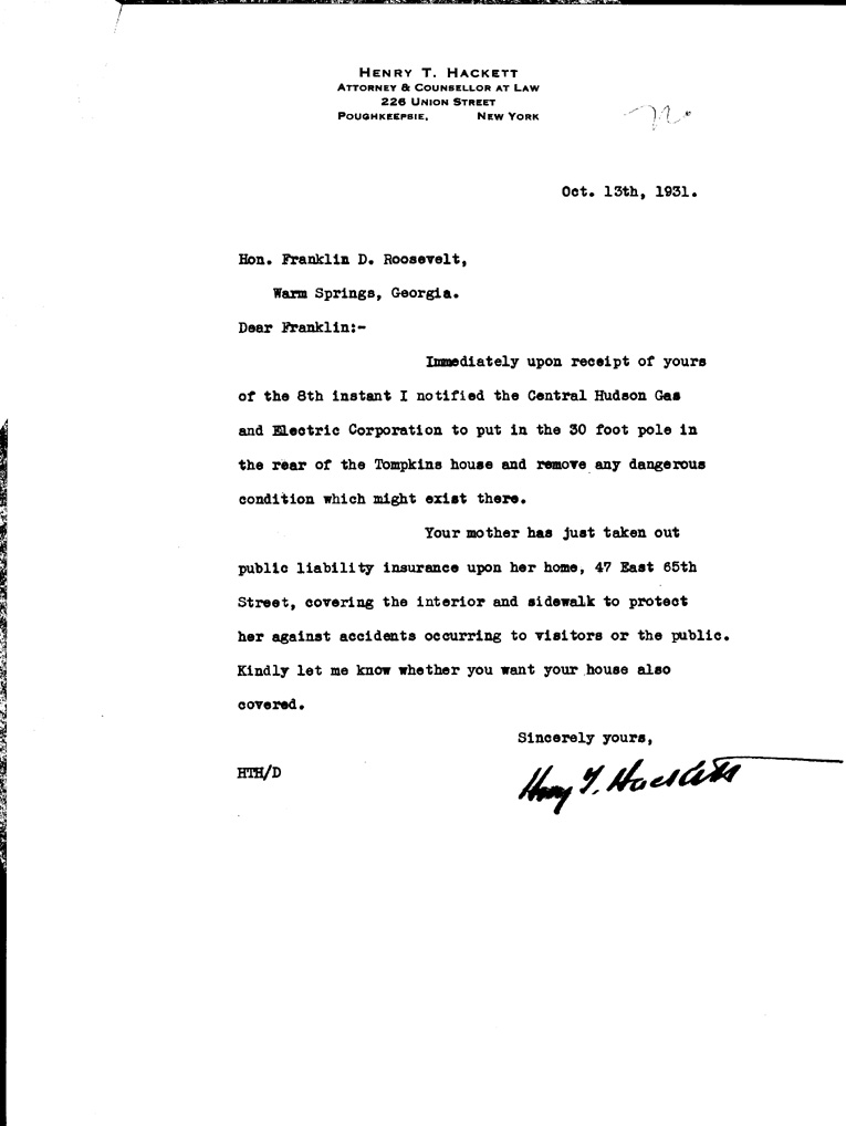 [a905ab01.jpg] - Letter to FDR from Hackett October 13, 1931