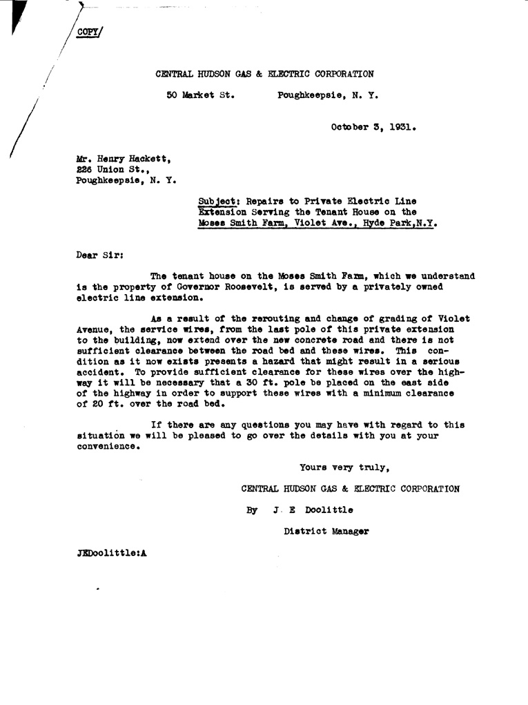 [a905ae01.jpg] - Letter to Hackett from Central Hudson Gas & Electric Corporation October 3, 1931