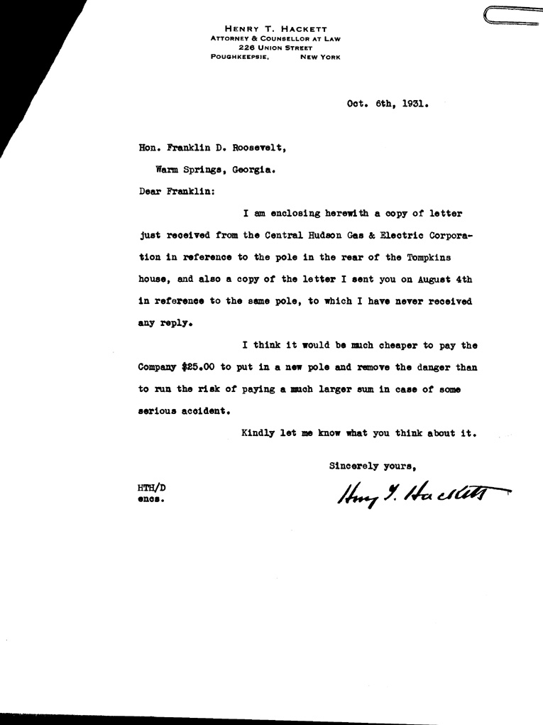[a905af01.jpg] - Letter to FDR from Hackett October 6, 1931