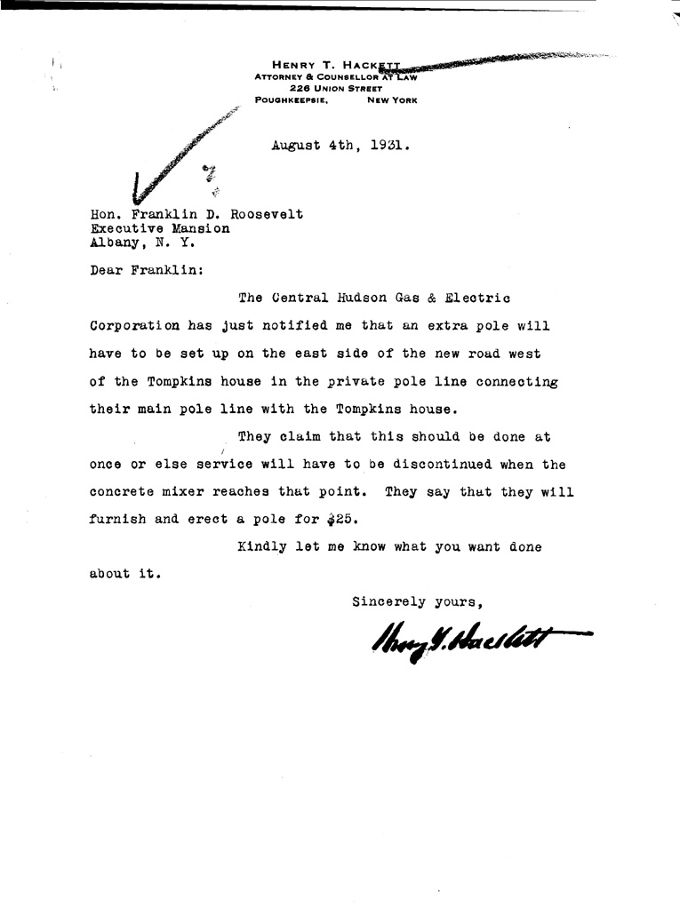 [a905ag01.jpg] - Letter to FDR from Hackett August 4, 1931