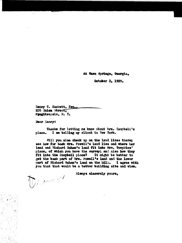 [a905ah01.jpg] - Letter to Hackett from FDR October 2, 1929