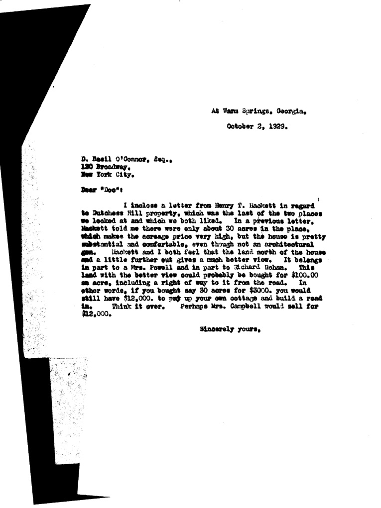 Letter to Doc Basil OConnor from FDR October 2 1929