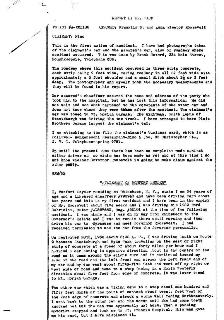 [a905ak01.jpg] - Report & statement by Mr. Mack of car accident between Rengeneschi & Roosevelts