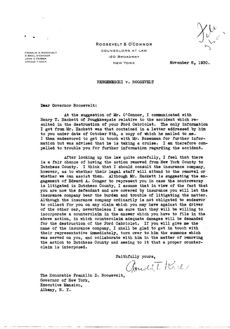[a905al01.jpg] - Letter to FDR from Arnold T. Koch, lawyer, November 8, 1930