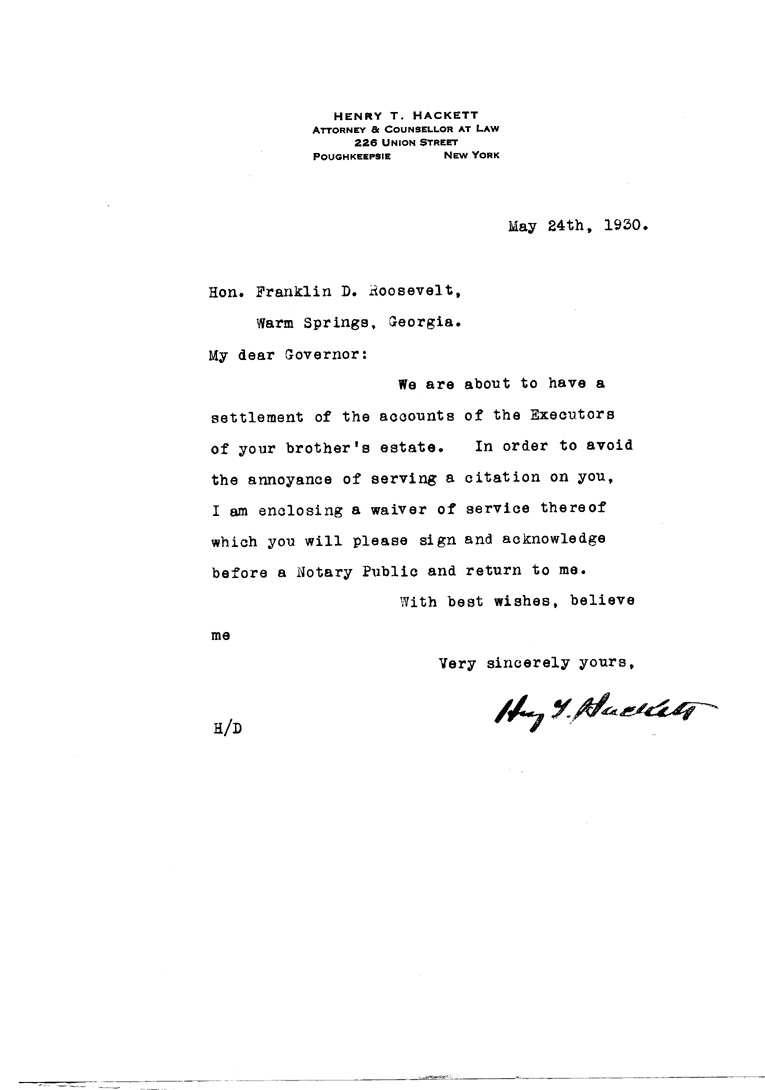 [a905ao01.jpg] - Letter to FDR from Hackett May 24, 1930