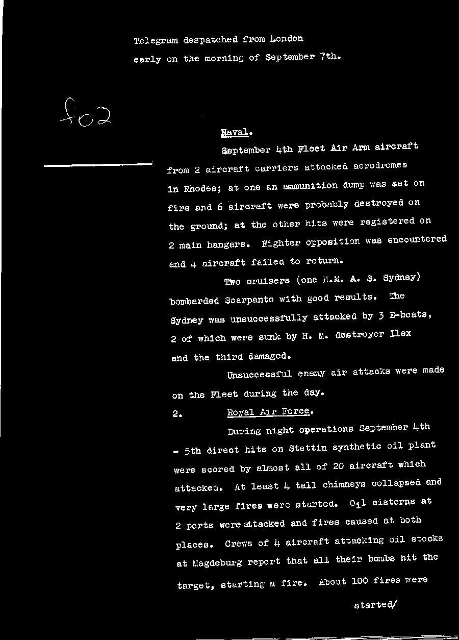 [a310f02.jpg] - Telegram dispatched from London re:military situation. 9/7/40 - Page 1