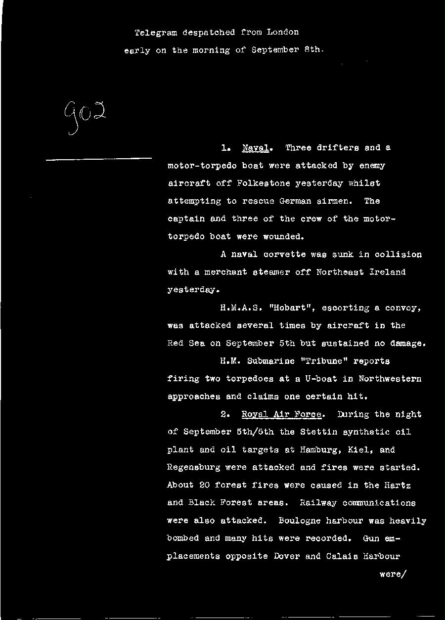 [a310g02.jpg] - Telegram dispatched from London re:military situation. 9/8/40 - Page 1
