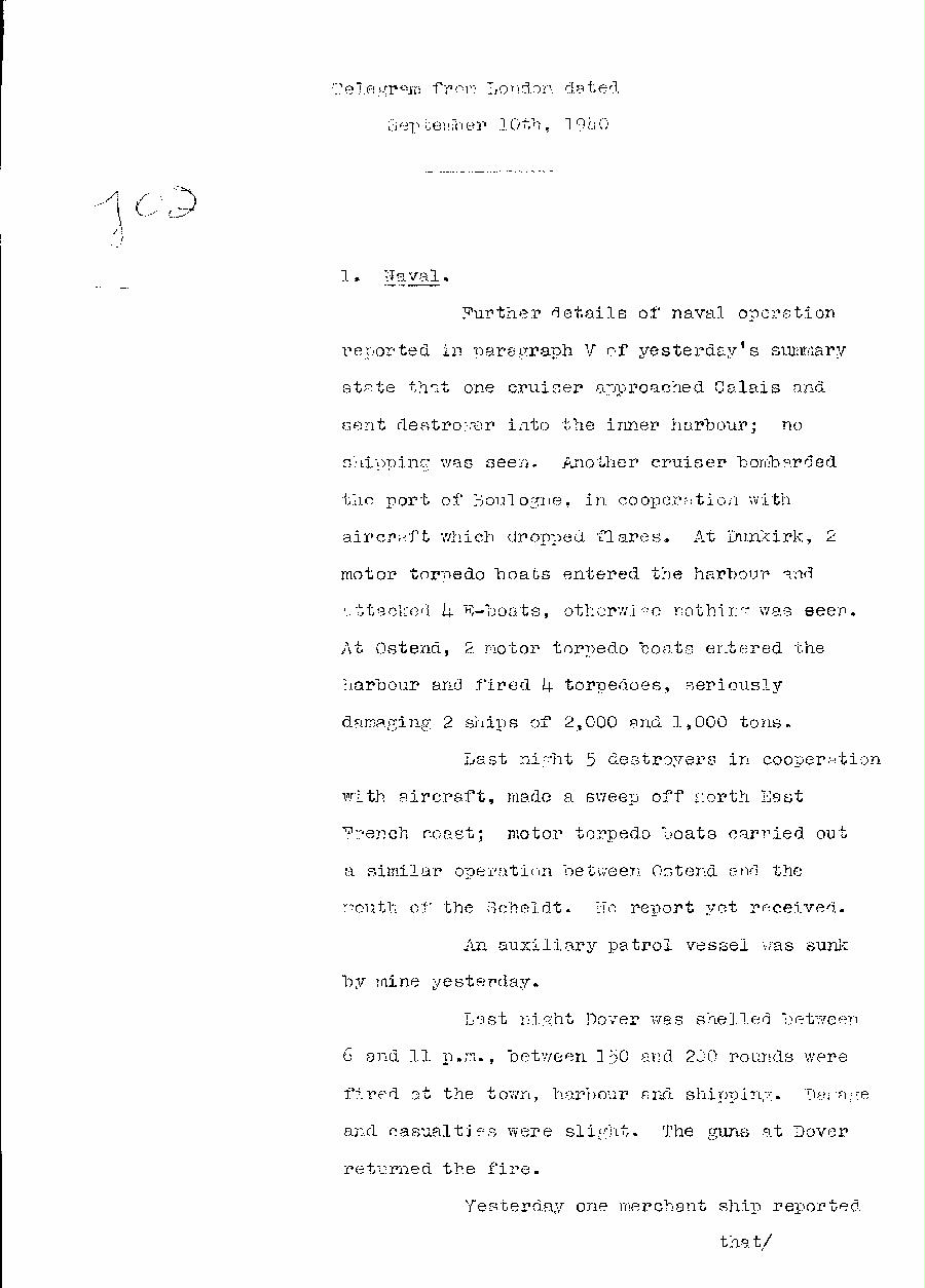 [a310j02.jpg] - Telegram dispatched from London re:military situation. 9/10/40 - Page 1