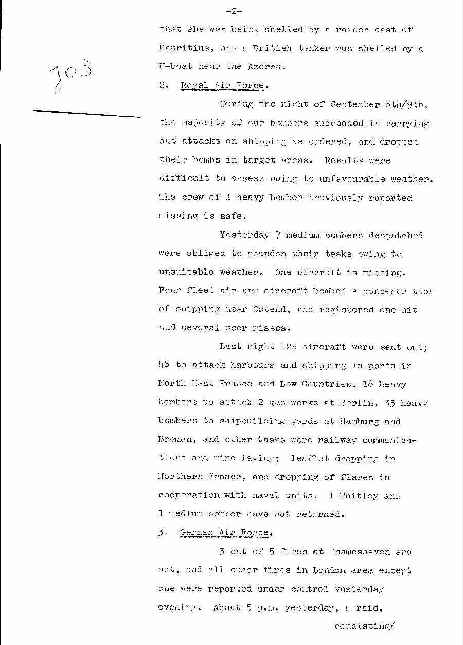 [a310j03.jpg] - Telegram dispatched from London re:military situation. 9/10/40 - Page 2