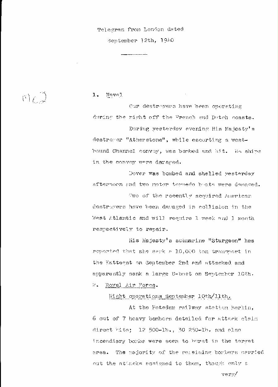 [a310m02.jpg] - Telegram dispatched from London re:military situation. 9/12/40 - Page 1