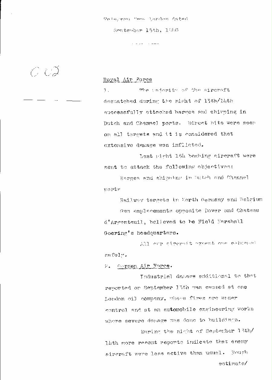 [a310o02.jpg] - Telegram dispatched from London re:military situation. 9/15/40 - Page 1
