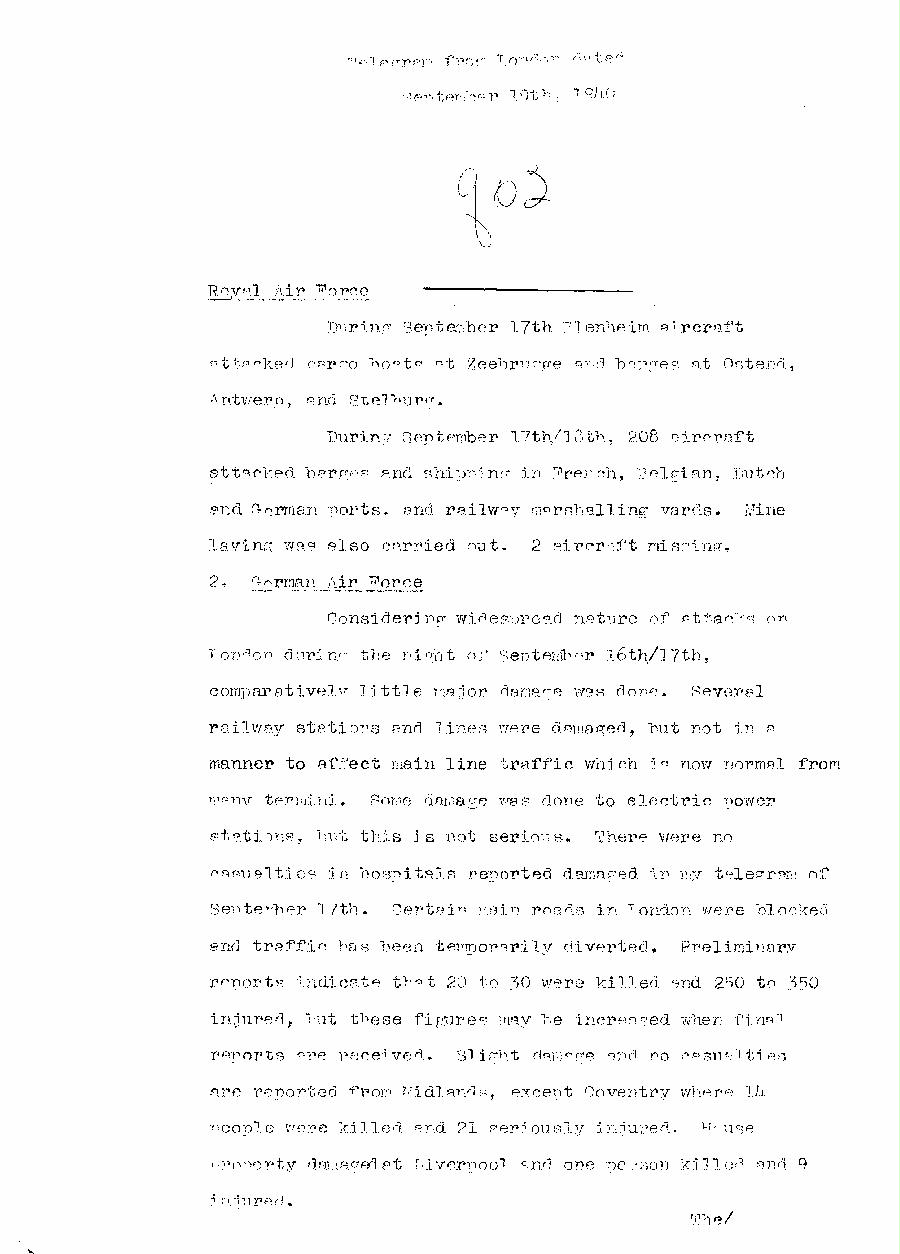 [a310q02.jpg] - Telegram dispatched from London re:military situation. 9/19/40 - Page 1