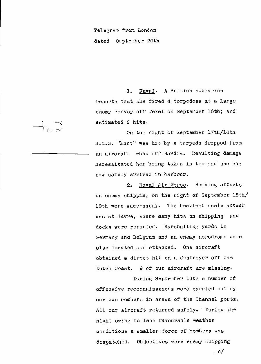 [a310t02.jpg] - Telegram dispatched from London re:military situation. 9/20/40 - Page 1