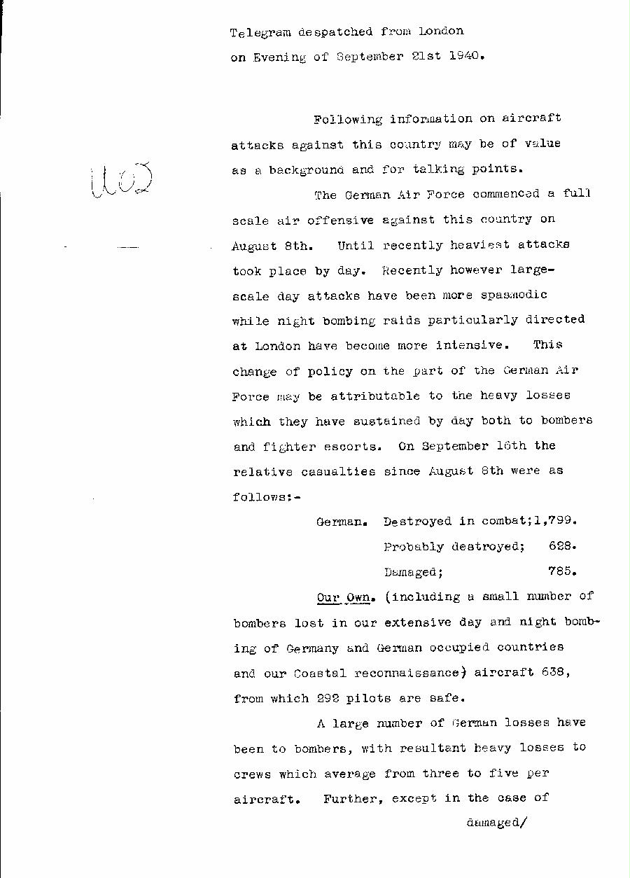 [a310u02.jpg] - Telegram dispatched from London re:military situation. 9/21/40 - Page 1