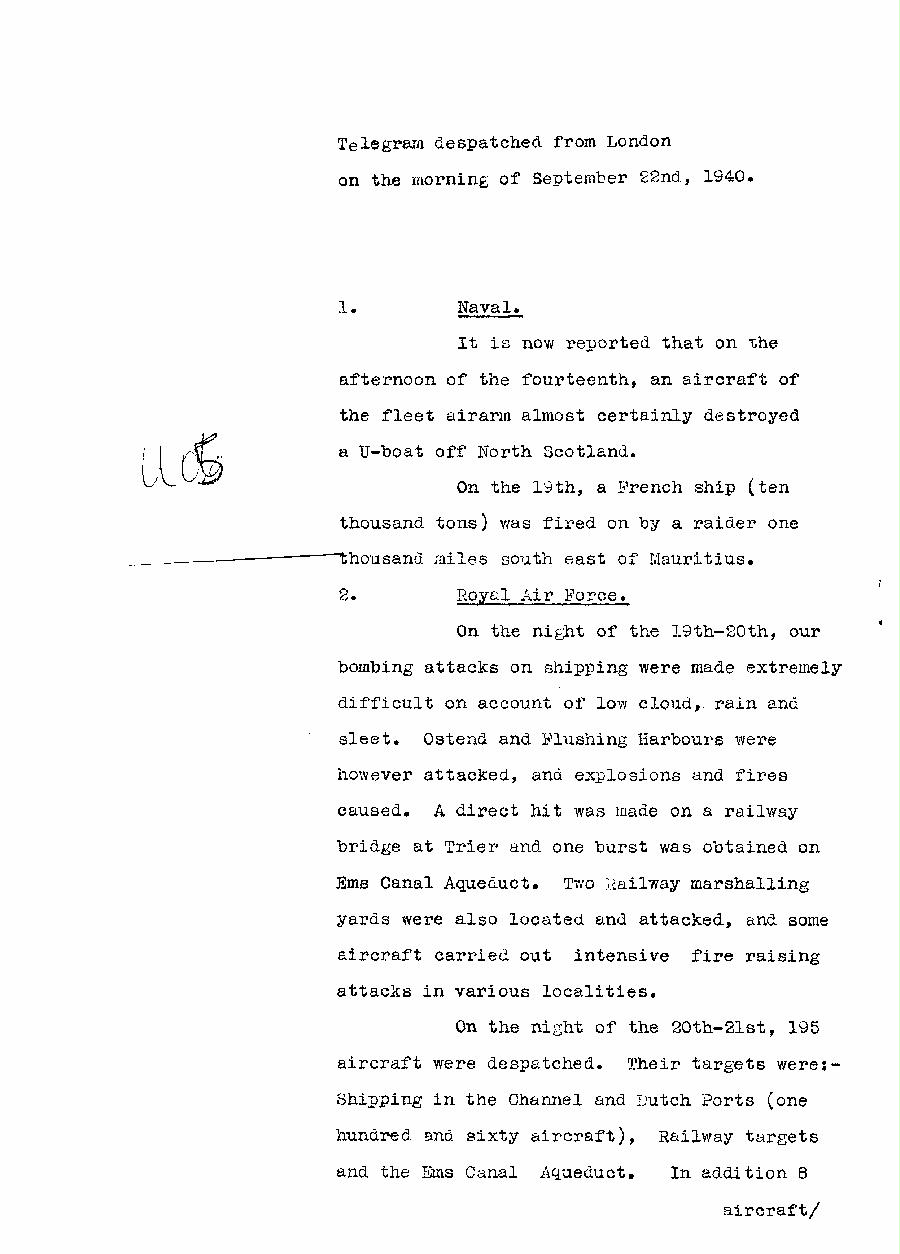 [a310u05.jpg] - Telegram dispatched from London re:military situation. 9/22/40 - Page 1