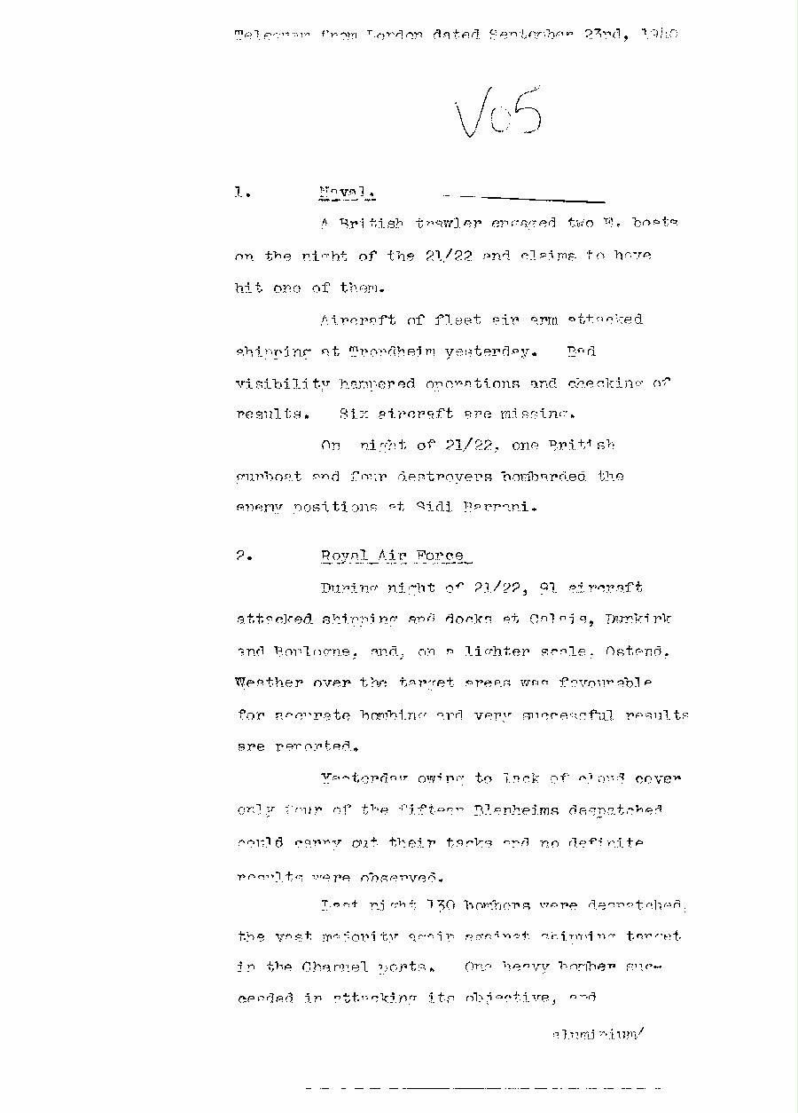 [a310v05.jpg] - Telegram dispatched from London re:military situation. 9/23/40 - Page 1