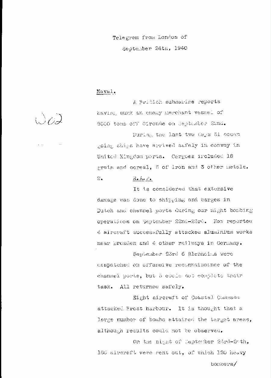 [a310w02.jpg] - Telegram dispatched from London re:military situation. 9/24/40 - Page 1