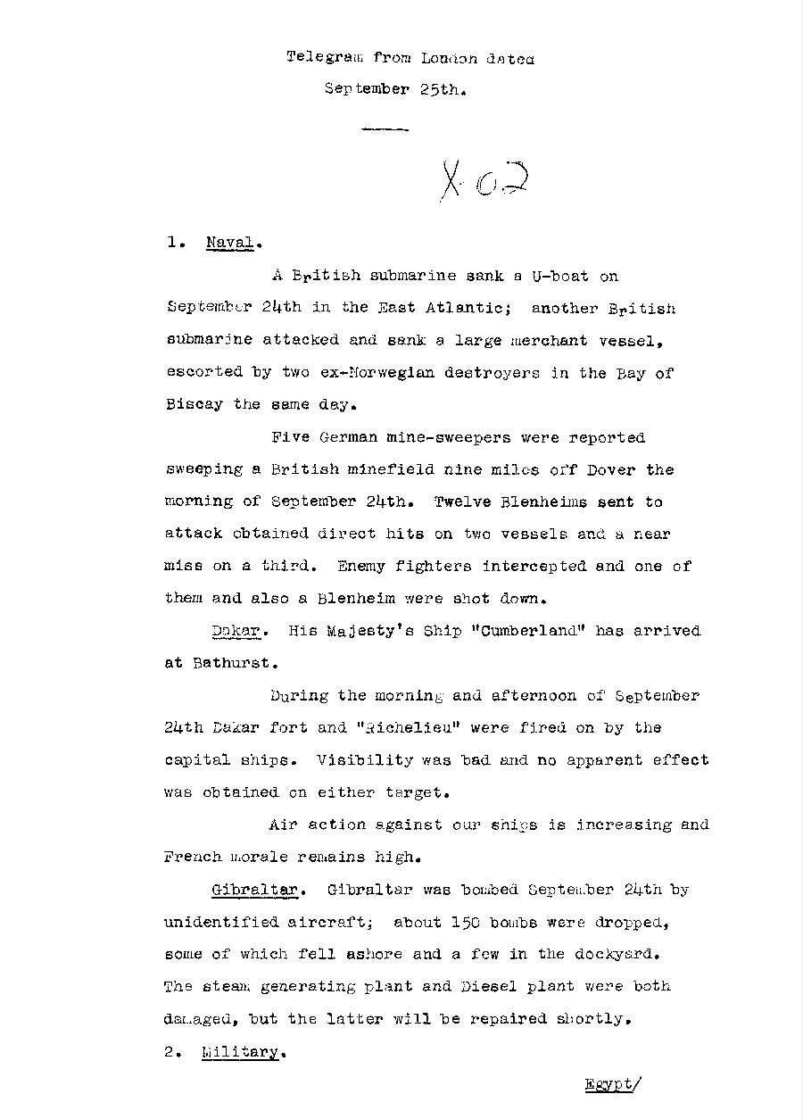 [a310x02.jpg] - Telegram dispatched from London re:military situation. 9/25/40 - Page 1