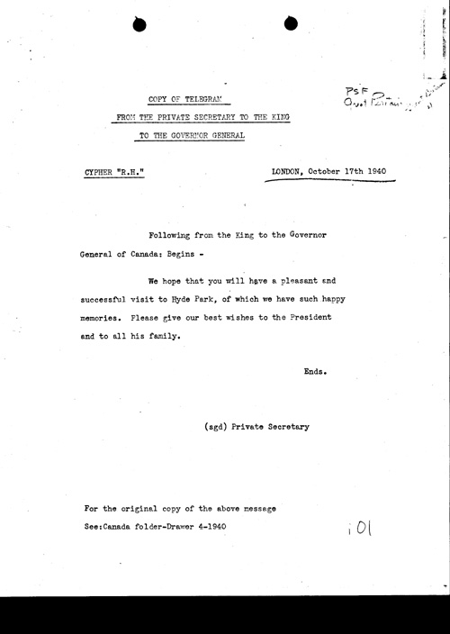 [a311i01.jpg] - Private Secretary to the King --> Governor General Letter about Hyde Park visit 10/17/40