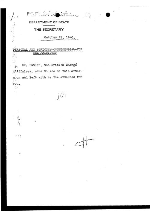 [a311j01.jpg] - Cordell Hull to FDR Memo about Mr. Butler,British Charge d'Affaires 10/21/40