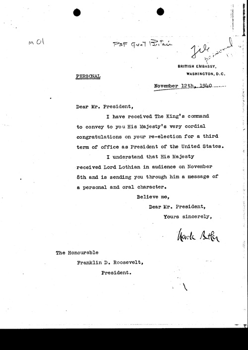 [a311m01.jpg] - Neville Butler --> FDR Letter congratulating FDR's third term re-election 11/12/40