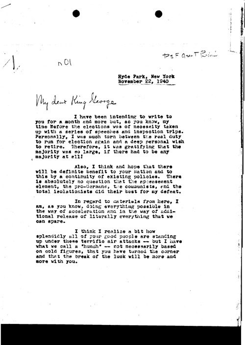 [a311n01.jpg] - FDR--> King George VI Letter concerning British-American relations 11/22/40