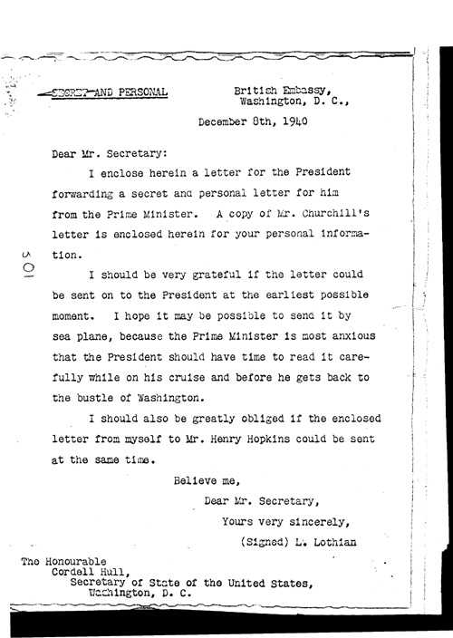 [a311s01.jpg] - Lord Lothian to Cordell Hull, Secretary of State Letter to President 12/8/40