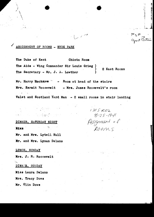 [a315r02.jpg] - Assignment of rooms 8/25/1941