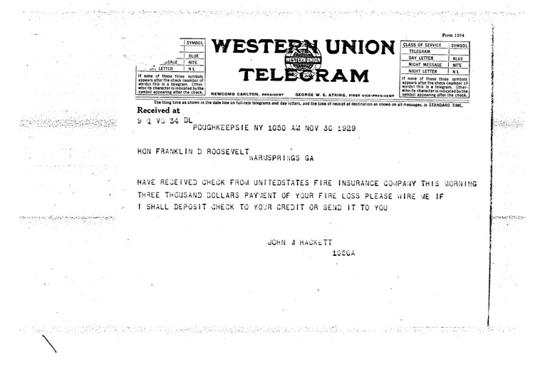 [a906aa01.jpg] - Telegram to FDR from John M. Hackett Nov. 30, 1929