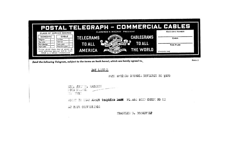 [a906ab01.jpg] - Telegram to John M. Hackett from FDR Nov. 30, 1929