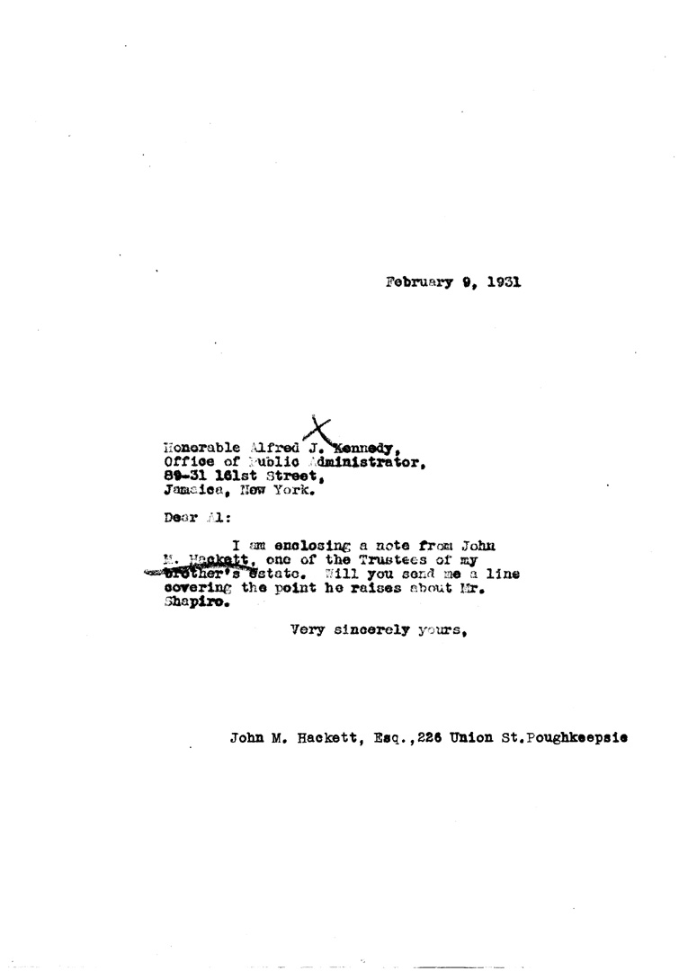 [a906ae01.jpg] - Letter to Honorable Alfred J. Kennedy from FDR February 9, 1931