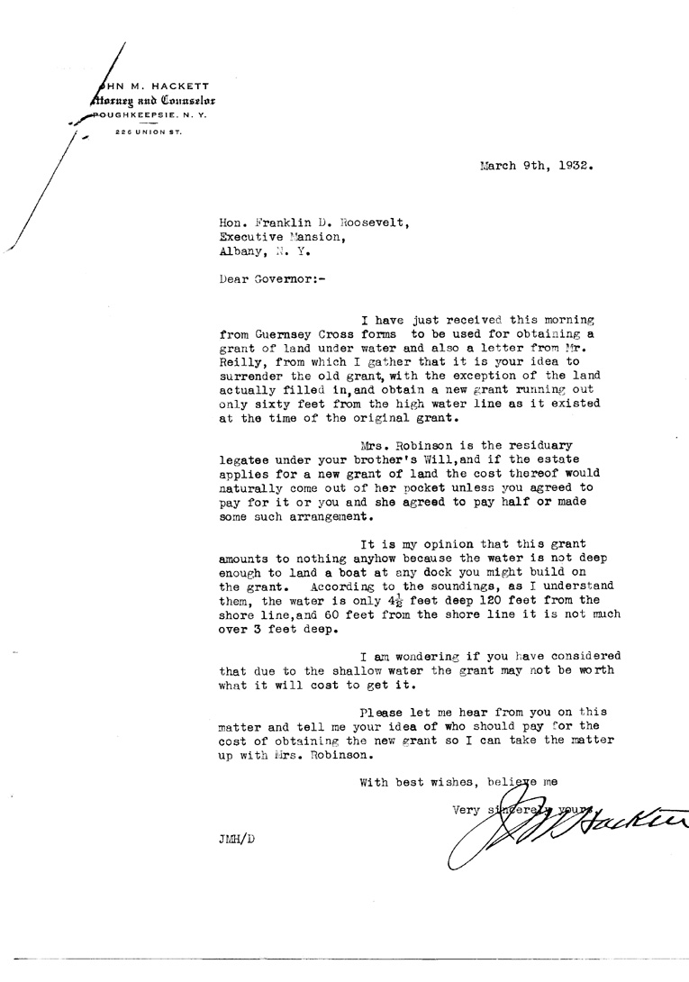 [a906ag01.jpg] - Letter to FDR from John M. Hackett March 9, 1931