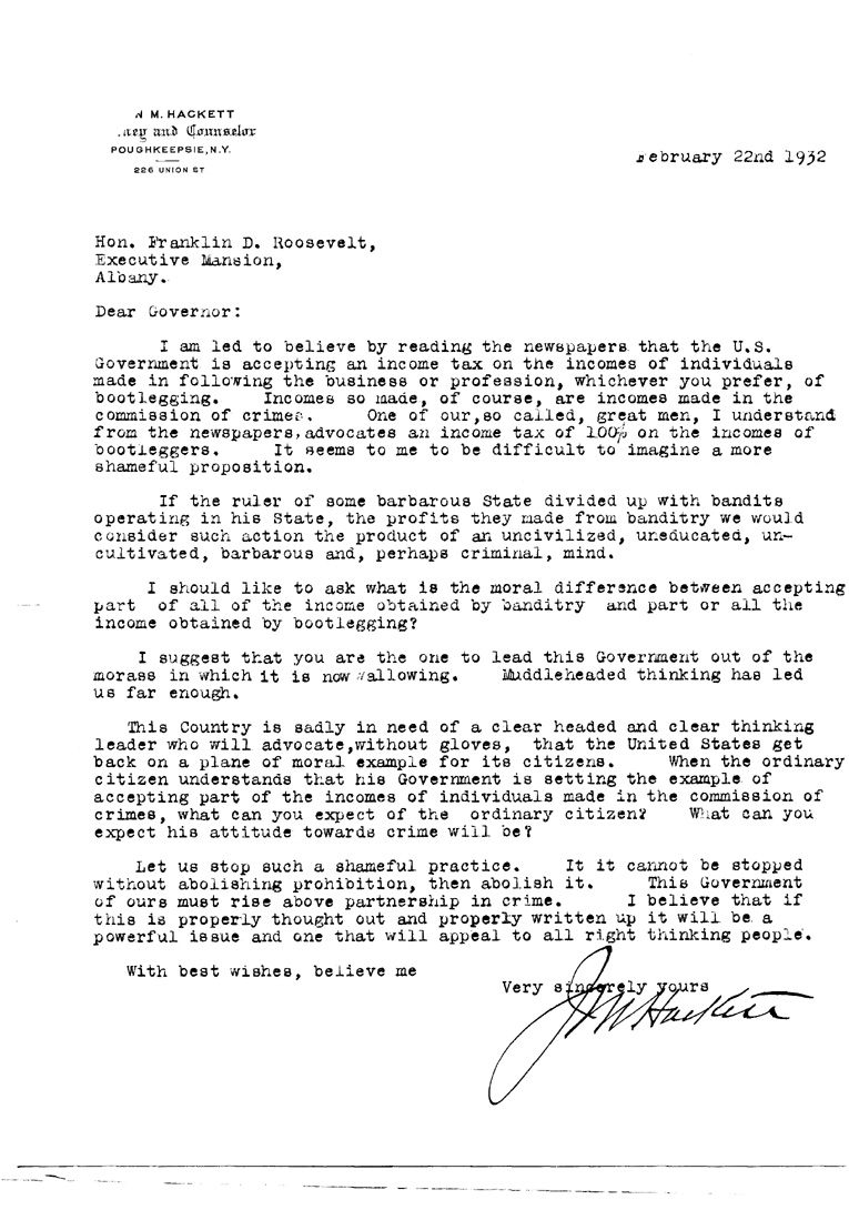 [a906ai01.jpg] - Letter to FDR from John M. Hackett February 22, 1932