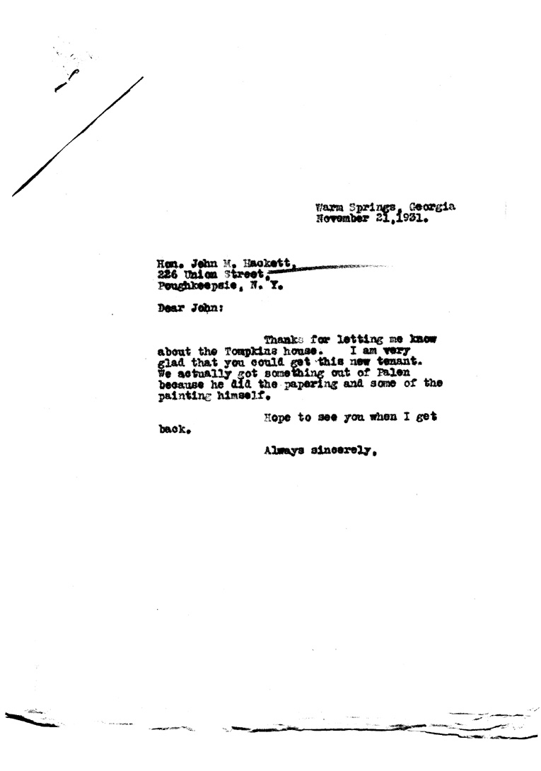 [a906ak01.jpg] - Letter to John M. Hackett from FDR November 21, 1931