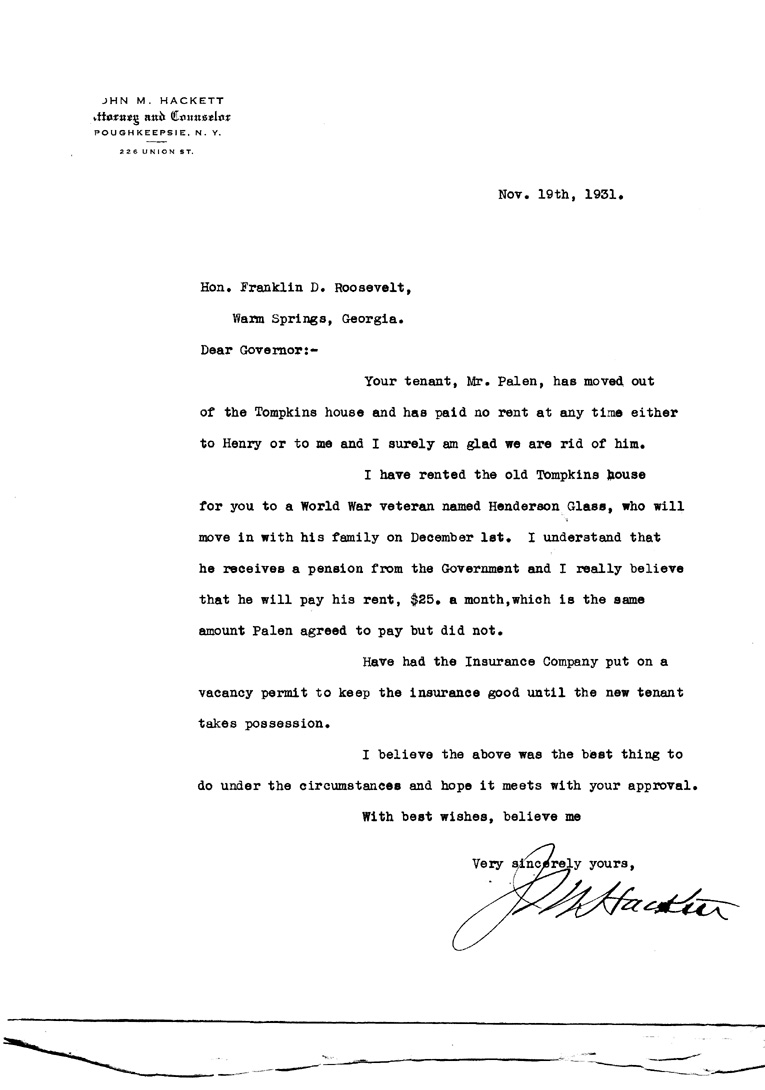 [a906al01.jpg] - Letter to FDR from John M. Hackett November 19, 1931